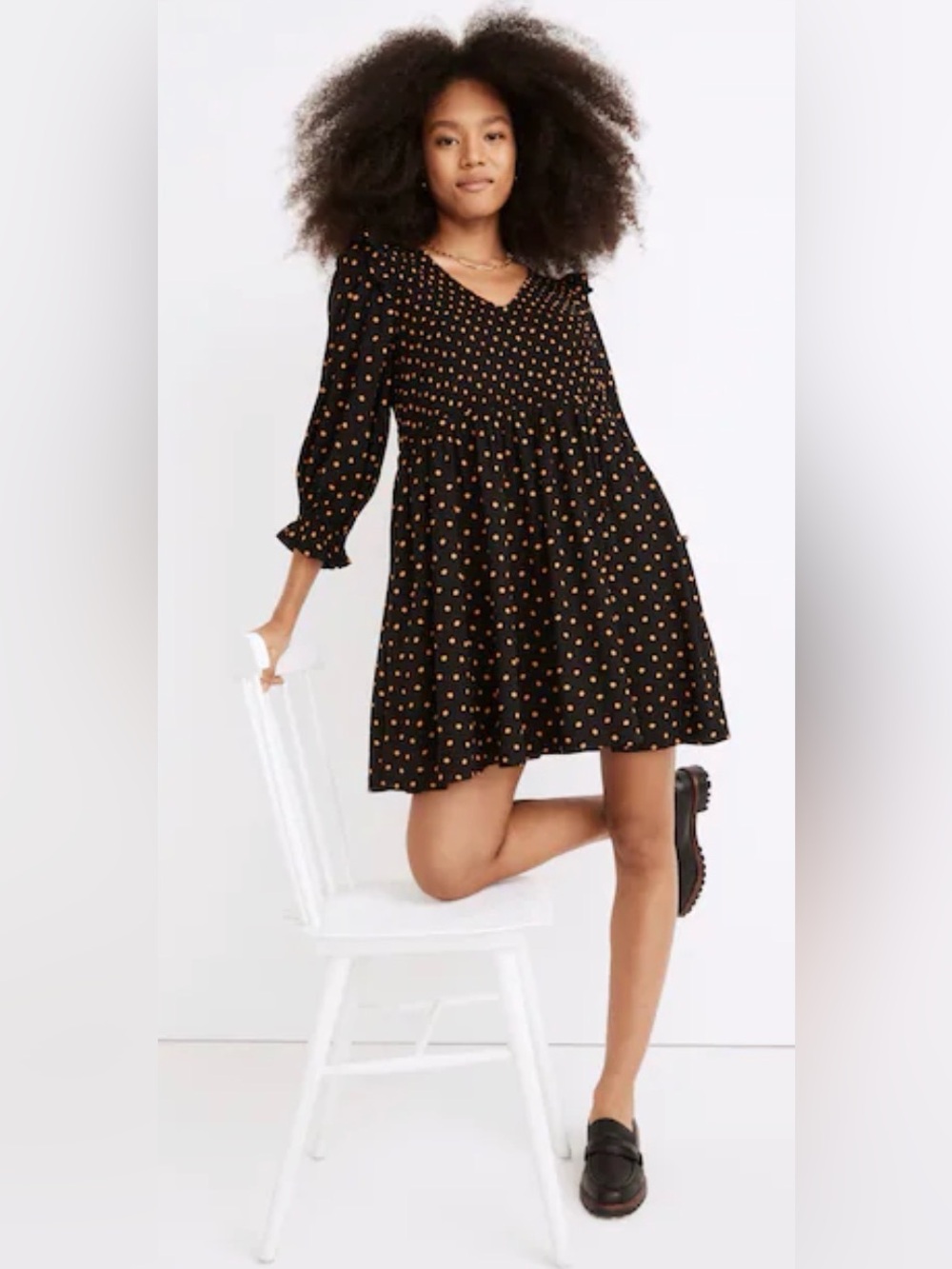 Madewell Lucie V-Neck Smocked Mini Dress in Oval Dot Medium - C1-111 - Picture 1 of 12